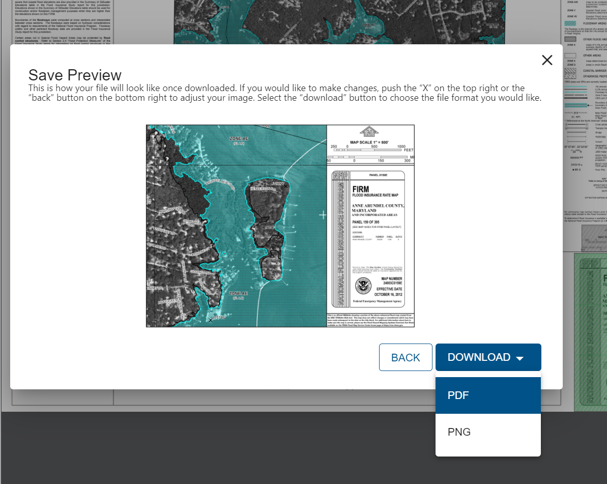 Example of a FIRMette Preview dialog and the controls to go back or to download the generated FIRMette.