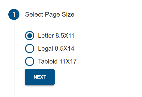 First step that contains options to select the page size you wish to output.